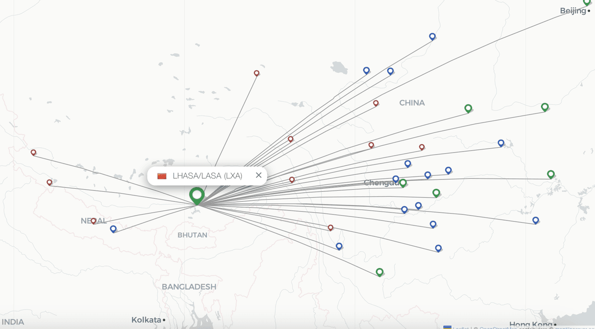 Map showing flight routes to Lhasa, Tibet